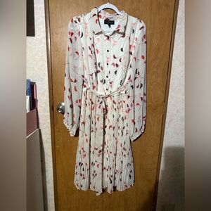 Lane Bryant Cream Shirt Dress with Pink & Red Leaf Print